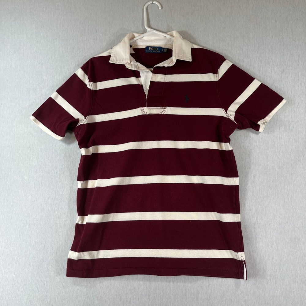 Polo Ralph Lauren Rugby Shirt Mens S Burgundy White Striped Short Sleeve Rubber